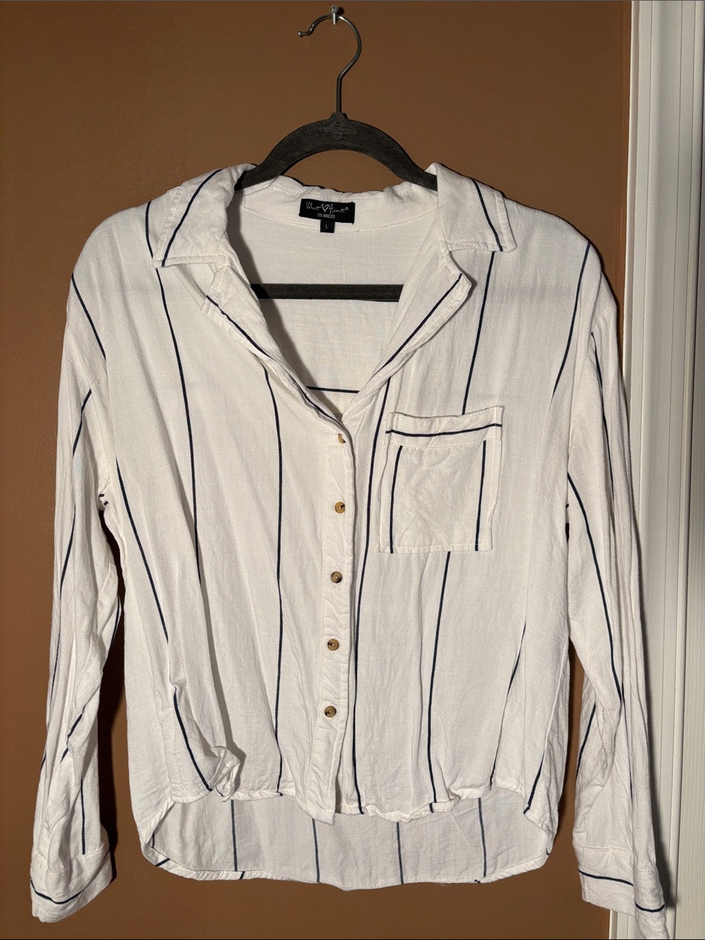 Velvet Heart White Button-Front Long Sleeve Shirt with Navy Stripes